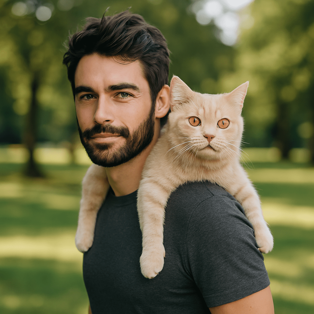 Bearded man with a cream-colored cat lying across his shoulders in a sunlit park.