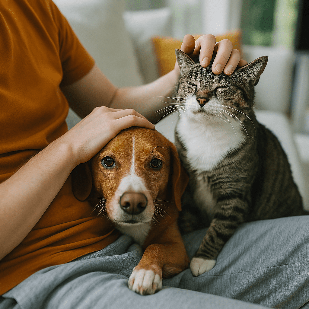 A person gently petting a cat and a dog sitting close together on their lap at home.