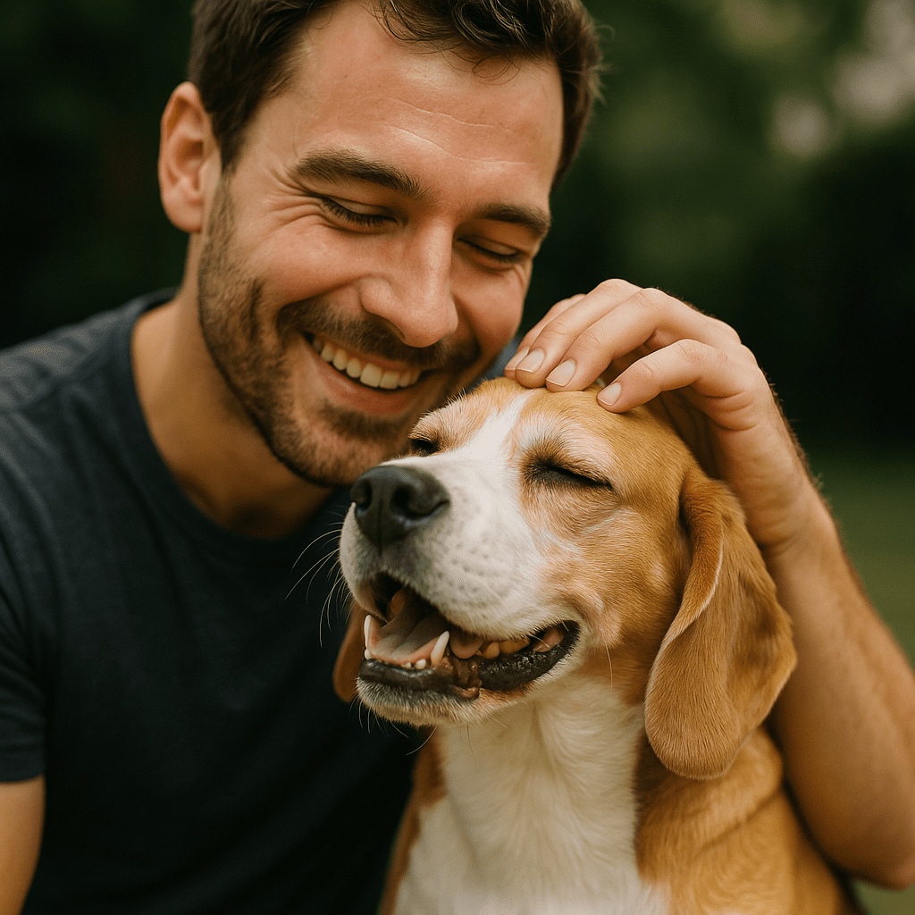 Happy man petting a smiling golden beagle outdoors with blurred greenery behind.
