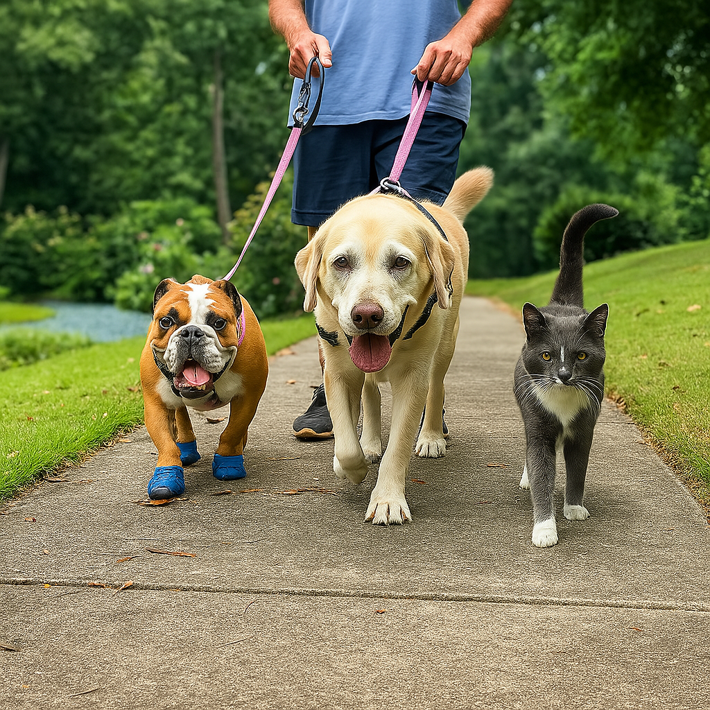 Person walking a bulldog, Labrador retriever, and a gray cat together on a park path.